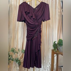 1980s vintage plum colored cocktail black tie evening gown prom dress v-neck